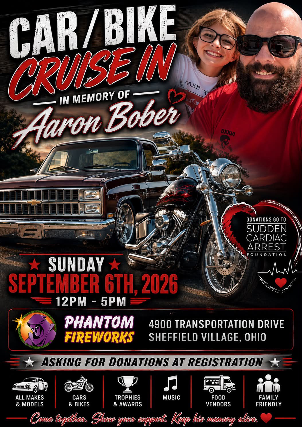 Aaron Bober Memorial Car/Bike Cruise in event at Phantom Fireworks in Sheffield Village, OH on September 6, 2026