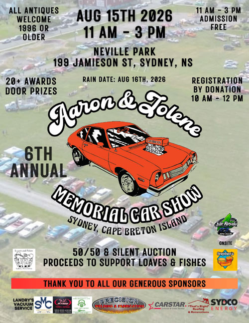 Aaron & Joleene Memorial Car Show event at Neville Park in Sydney, NS on August 15, 2026