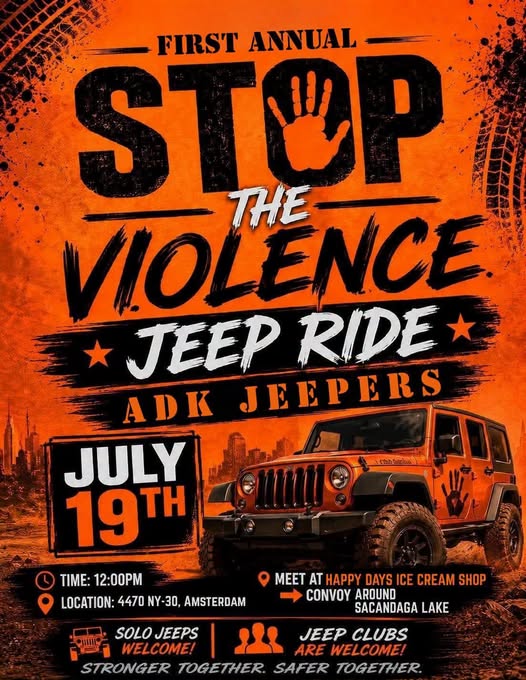 ADK Jeepers First Annual Stop the Violence Jeep Ride event at Happy Days Ice Cream Shop in Amsterdam, NY on July 19, 2026
