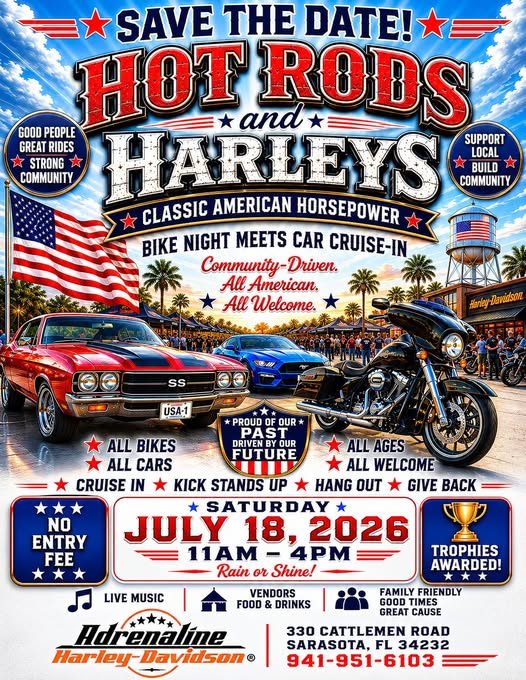 Adrenaline Harley-Davidson Hot Rods and Harleys event at Adrenaline Harley-Davidson in Sarasota, FL on July 18, 2026