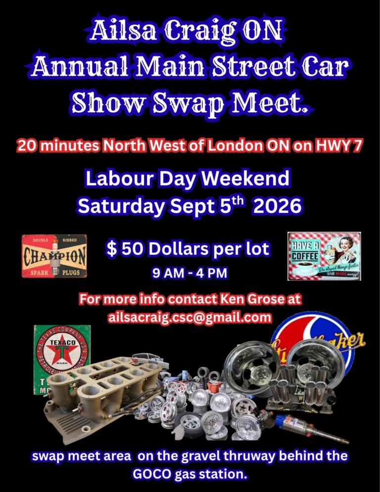 Ailsa Craig Annual Main Street Car Show Swap Meet event at Main Street in Ailsa Craig, ON on September 5, 2026