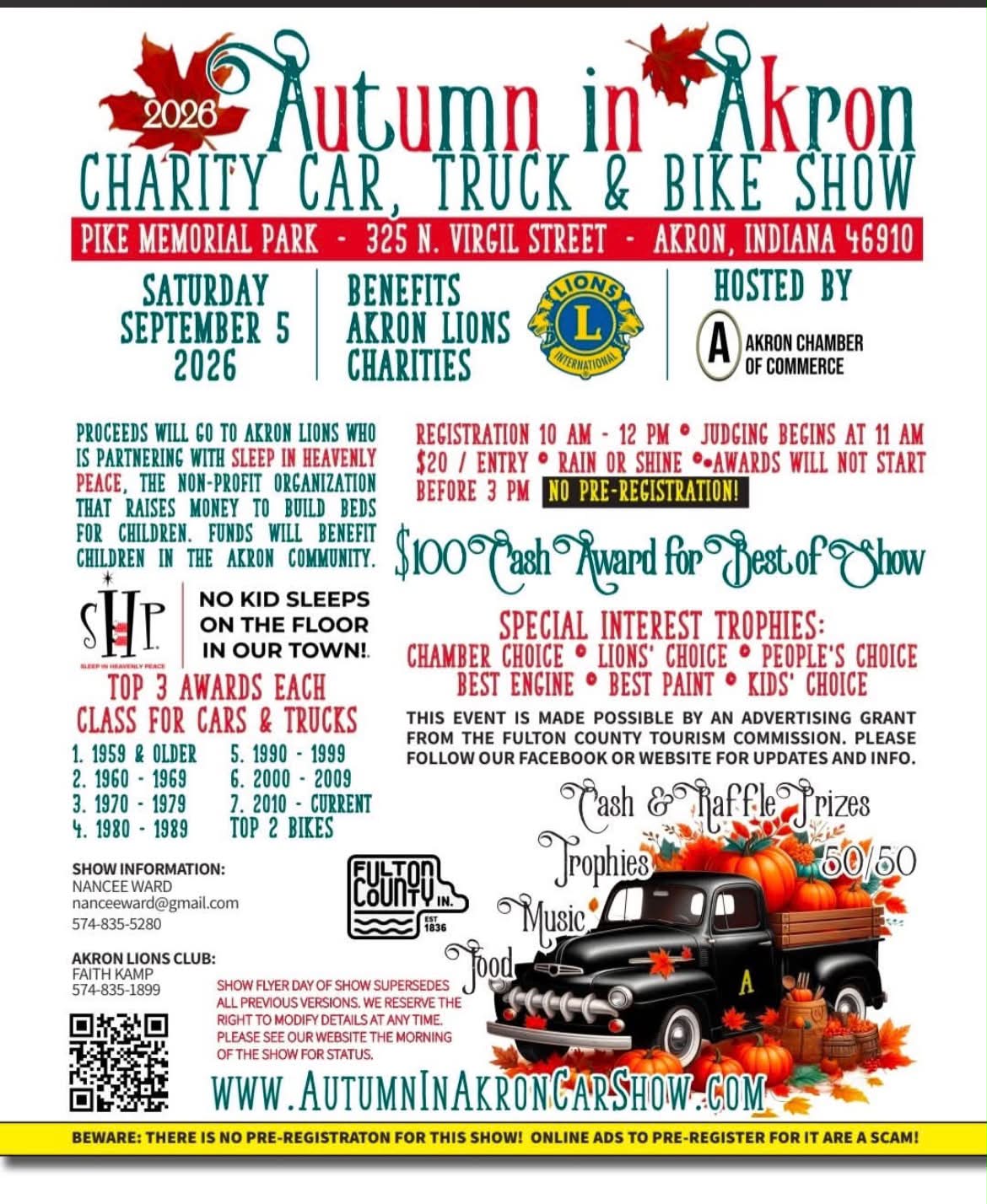 Akron Lions Club Autumn in Akron Charity Car, Truck & Bike Show event at Pike Memorial Park in Akron, IN on September 5, 2026