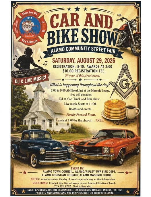 Alamo Community Street Fair Car and Bike Show event at 1st St/Ripley St in Alamo, IN on August 29, 2026