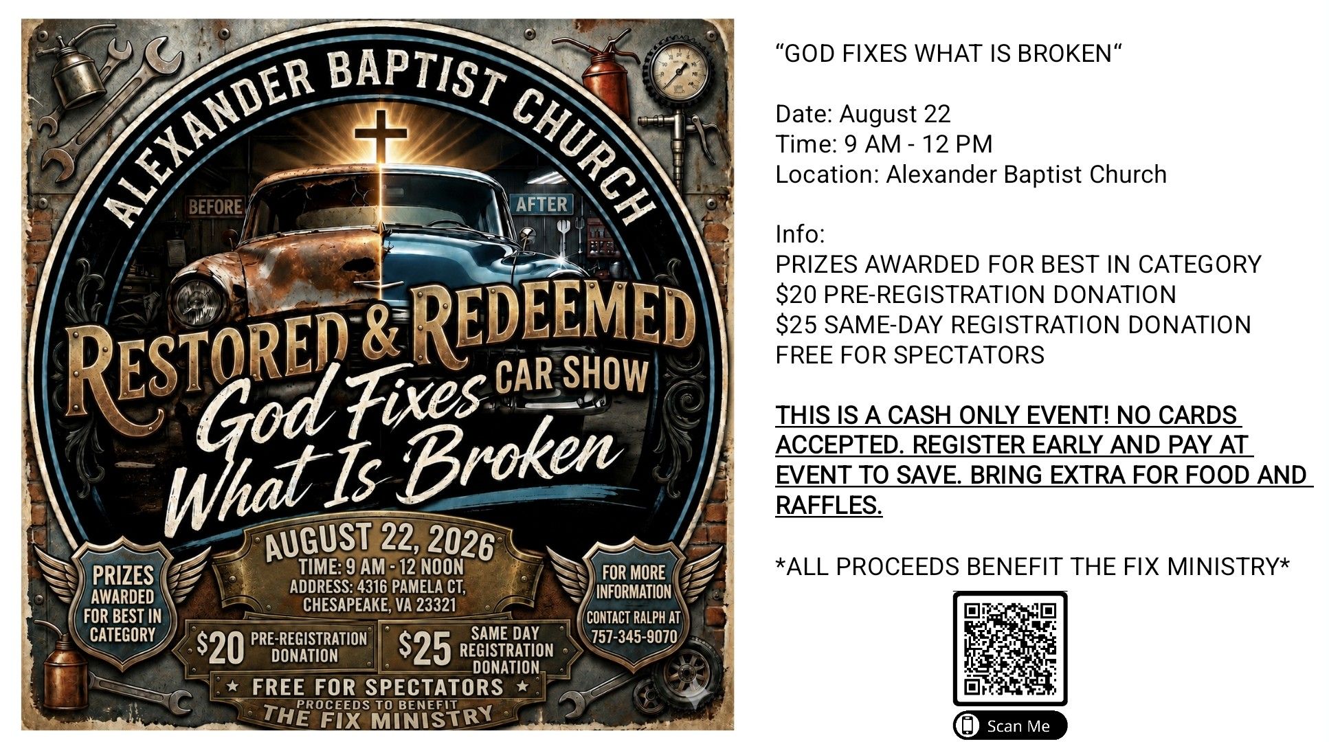 Alexander Baptist Church Restored & Redeemed Car Show event at Alexander Baptist Church in Chesapeake, VA on August 22, 2026