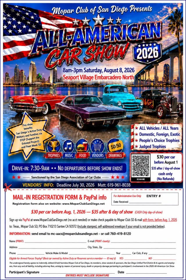 All-American Car Show 2026 event at Embarcadero Marina Park North in San Diego, CA on August 8, 2026