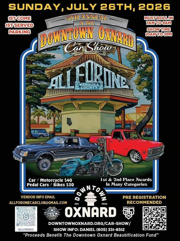 All for One Downtown Oxnard Car Show event at 125 a Street in Oxnard, CA on July 26, 2026