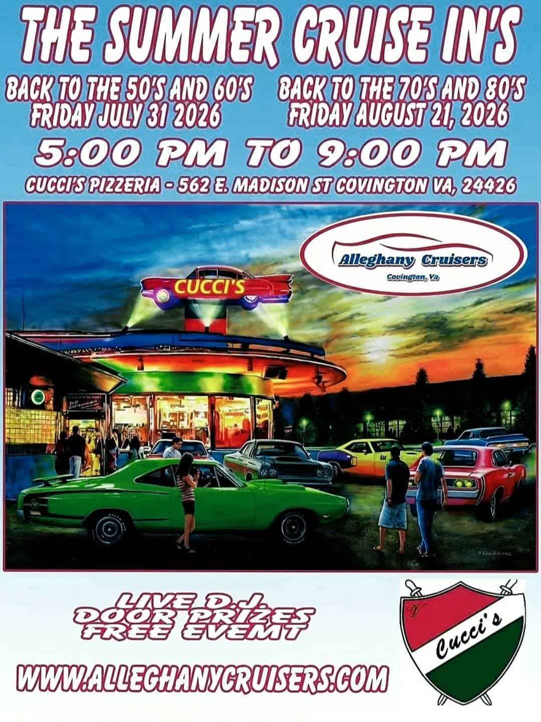 Alleghany Cruisers Summer Cruise In's event at Cucci's Pizzeria in Covington, VA on July 31, 2026