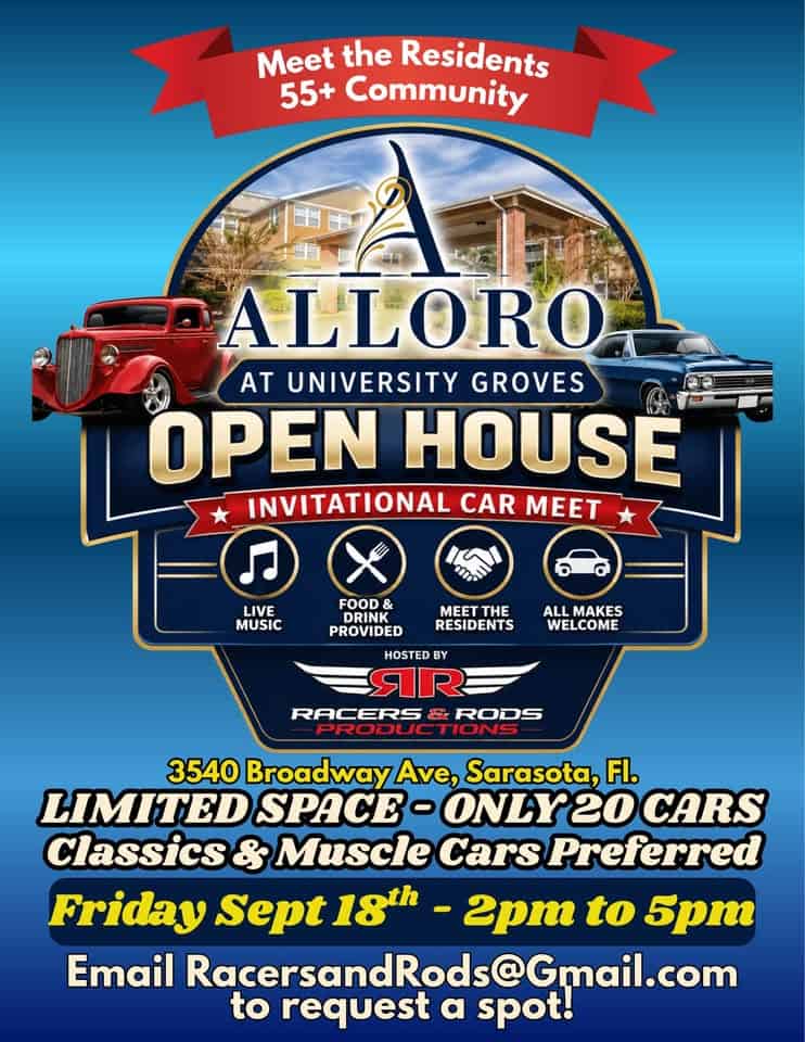Alloro at University Groves Invitational Car Meet event at Alloro at University Groves in Sarasota, FL on September 18, 2026