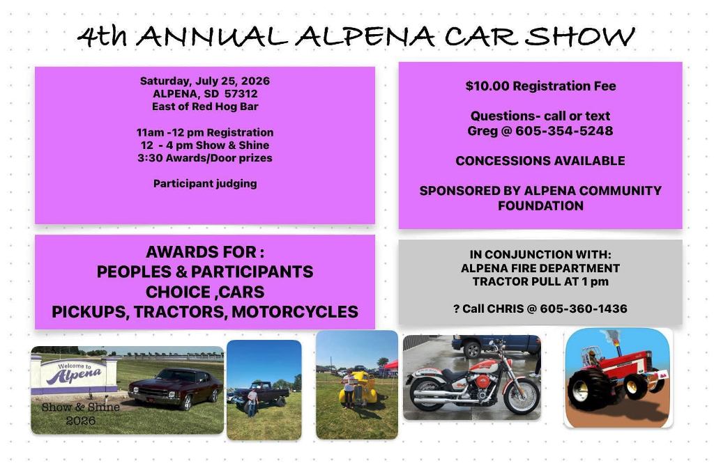 Alpena Community Foundation 4th Annual Car Show event at East of the Red Dog Bar in Alpena, SD on July 25, 2026