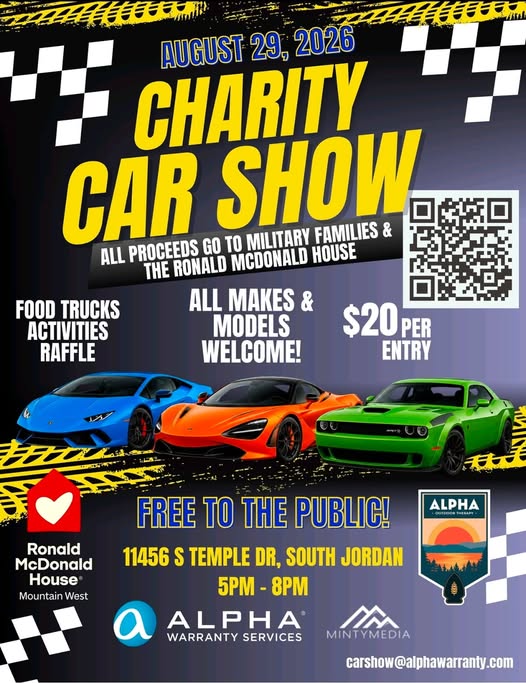 Alpha Warranty Services Charity Car Show event at 11456 S Temple Dr in South Jordan, UT on August 29, 2026