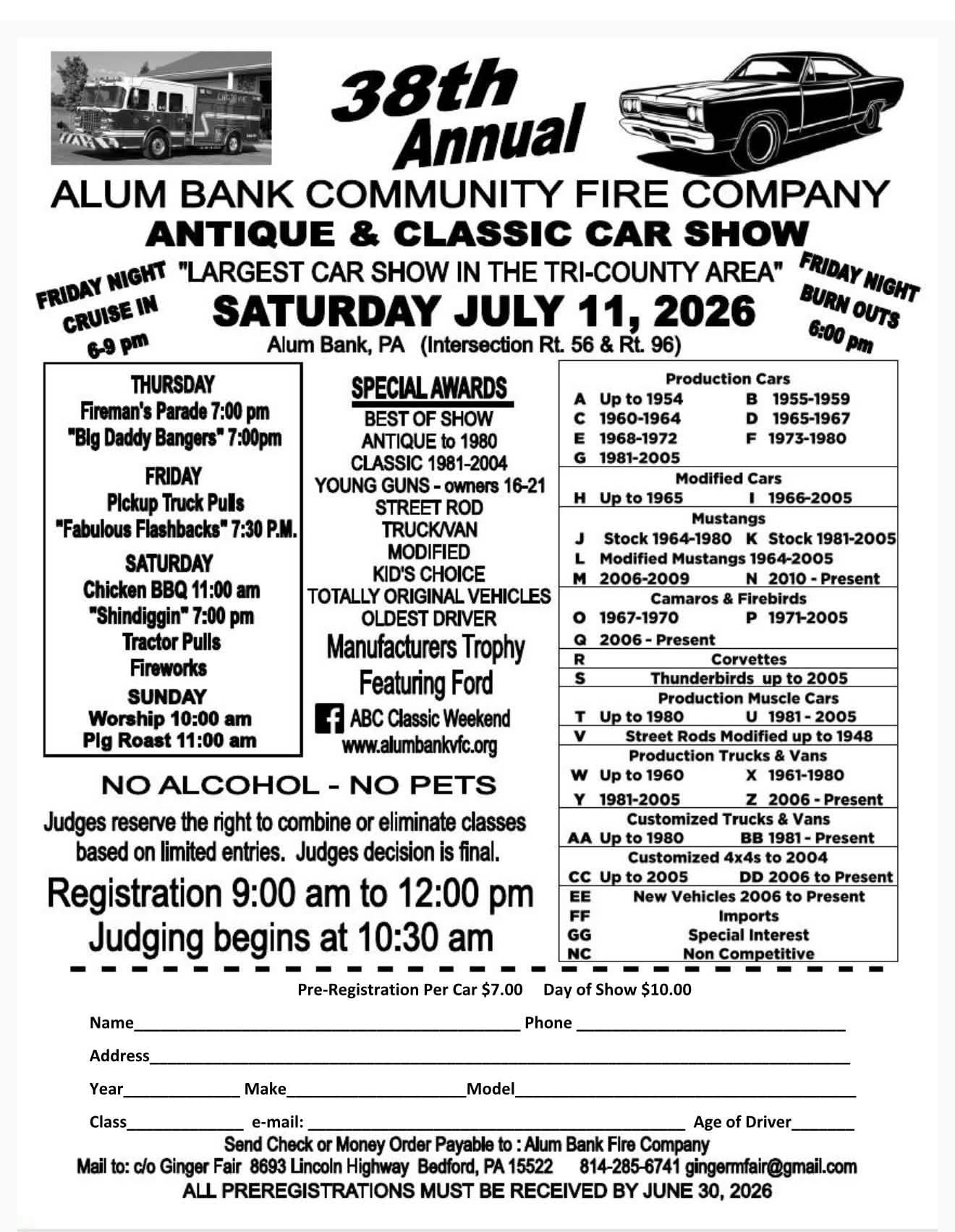 Alum Bank Community Fire Company 38th Annual Antique & Classic Car Show event at Intersection Rt. 56 & Rt. 96 in Alum Bank, PA on July 11, 2026