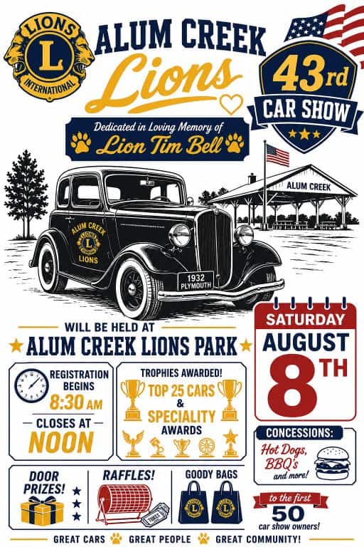 Alum Creek Lions Car Show & Pig Roast event at Alum Creek Lions Park in Alum Creek, WV on August 8, 2026