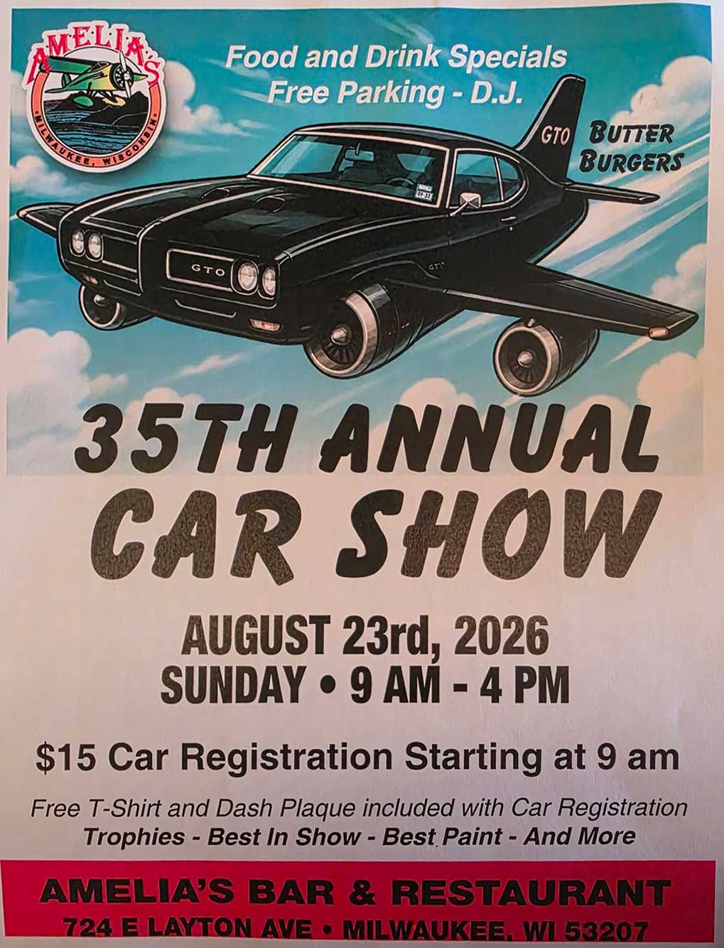 Amelia's Bar & Restaurant 35th Annual Car Show event at Amelia's Bar & Restaurant in Milwaukee, WI on August 23, 2026