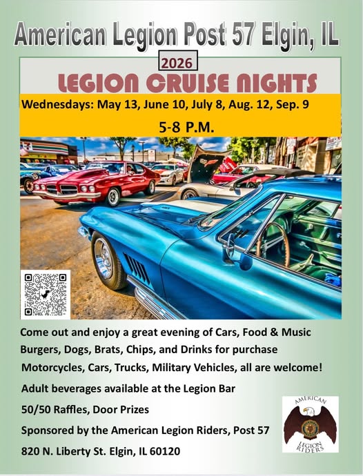 American Legion Post 57 Legion Cruise Nights event at American Legion Post 57 in Elgin, IL on July 9, 2026