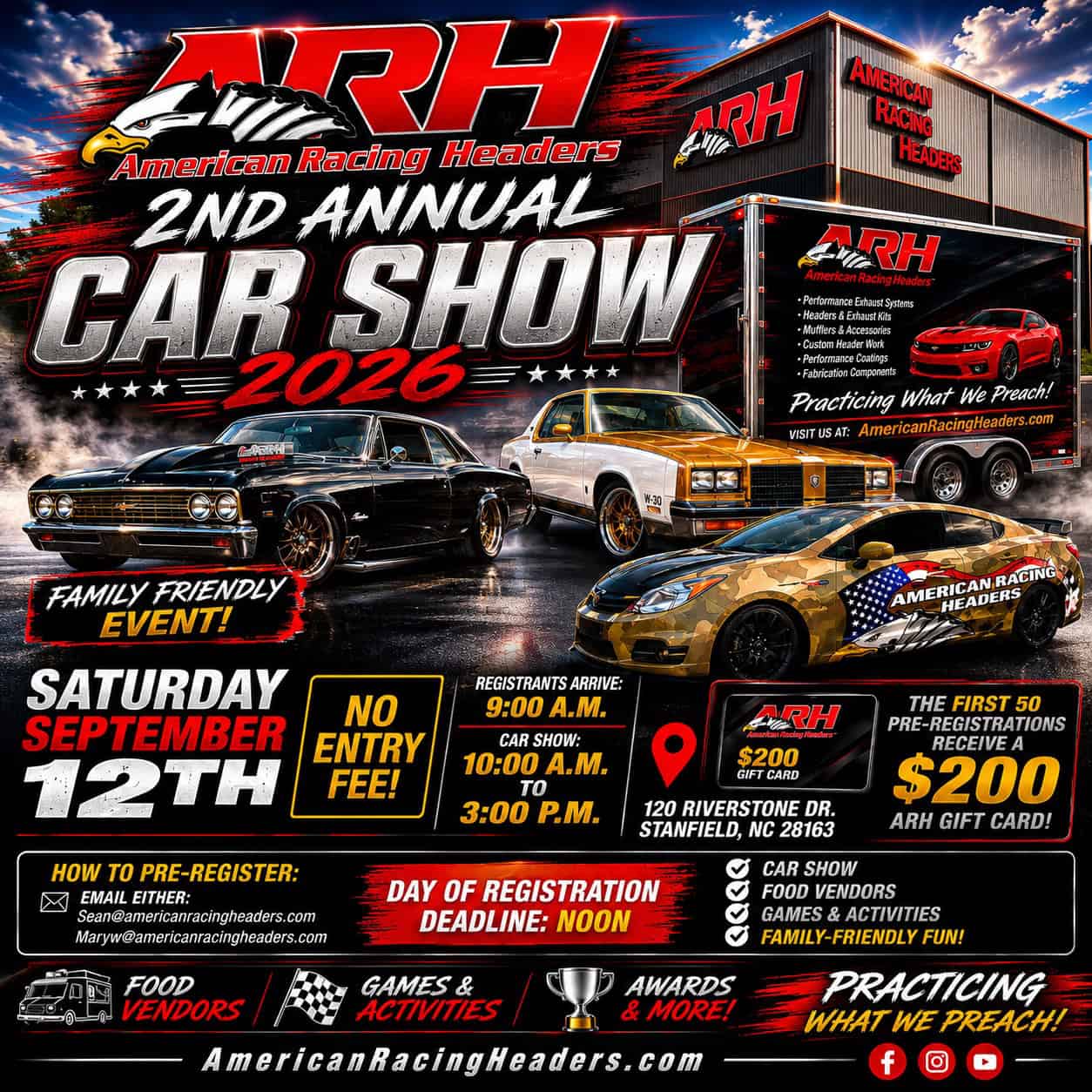 American Racing Headers 2nd Annual Car Show event at 120 Riverstone Dr. in Stanfield, NC on September 12, 2026
