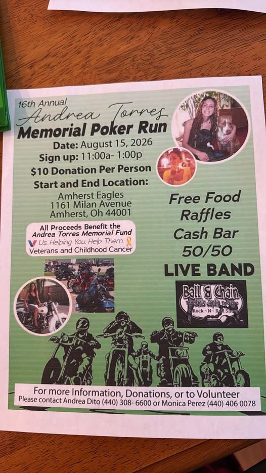 Amherst Eagles Andrea Torres Memorial Poker Run event at Amherst Eagles in Amherst, OH on August 15, 2026