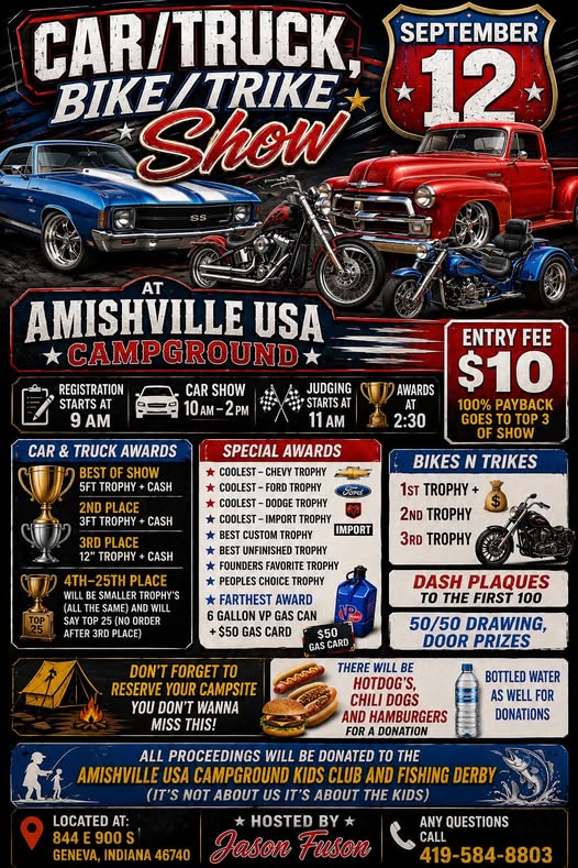 Amishville USA Campground Car/Truck, Bike/Trike Show event at Amishville USA Campground in Geneva, IN on September 12, 2026