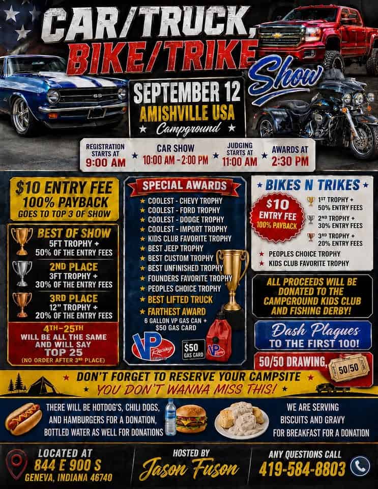 Amishville USA Car/Truck & Bike/Trike Show event at Amishville USA Campground in Geneva, IN on September 12, 2026
