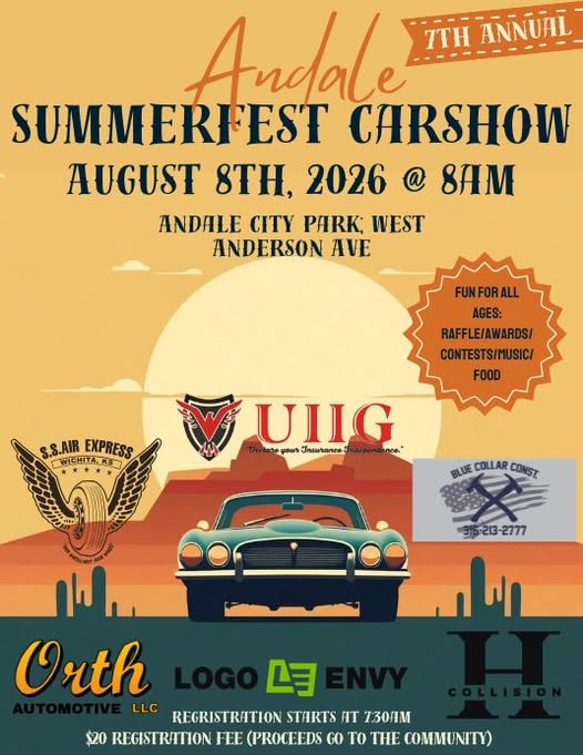 Andale 7th Annual Summerfest Car Show event at Andale City Park in Andale, KS on August 8, 2026