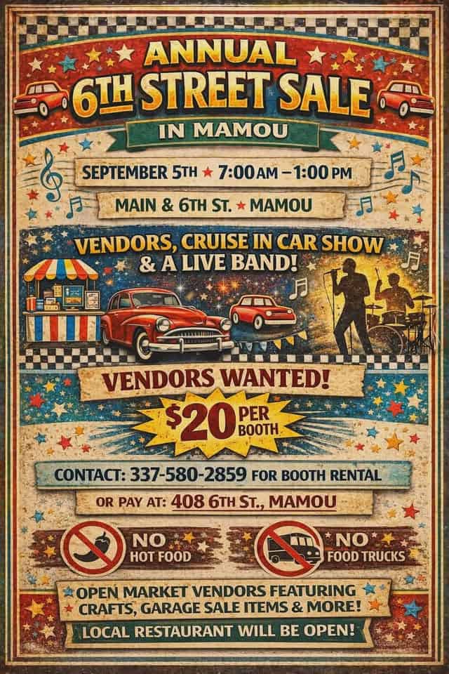 Annual 6th Street Sale Cruise in - Mamou event at Main & 6th St. in Mamou, LA on September 5, 2026