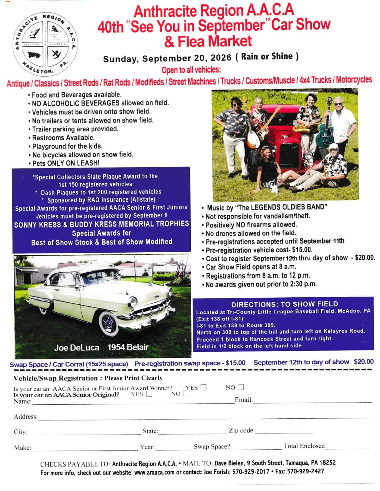 Anthracite Region A.A.C.A 40th See You in September Car Show & Flea Market event at Tri-County Little League Baseball Field in McAdoo, PA on September 20, 2026