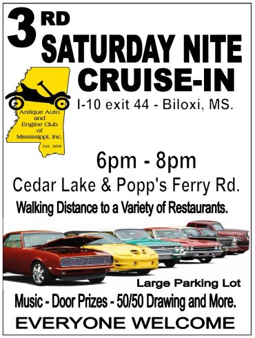 Antique Auto and Engine Club of Mississippi Saturday Nite Cruise-In event at Cedar Lake & Popp's Ferry Rd. in Biloxi, MS on July 18, 2026