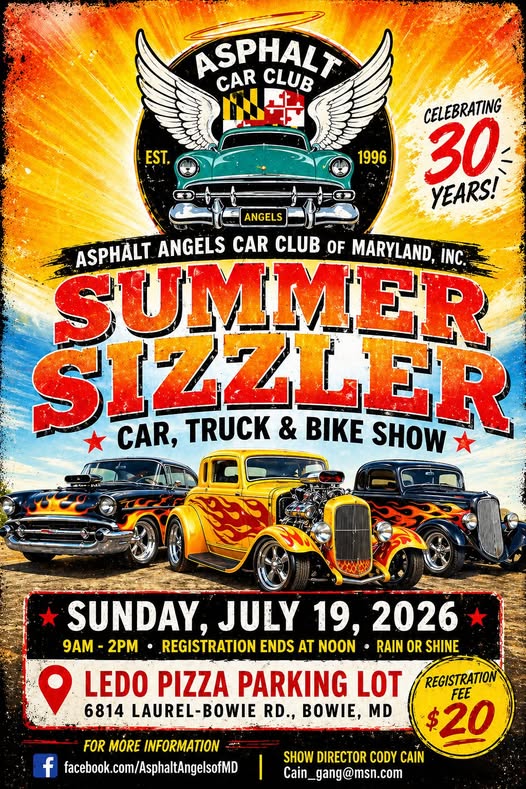 Asphalt Angels Car Club Summer Sizzler Car, Truck & Bike Show event at Ledo Pizza in Bowie, MD on July 19, 2026