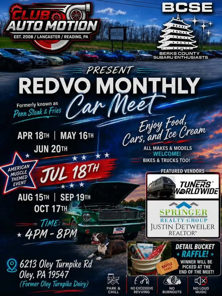 Auto Motion Club & Berks County Subaru Enthusiasts REDVO Monthly Car Meet event at 6213 Oley Turnpike Rd in Oley, PA on July 18, 2026