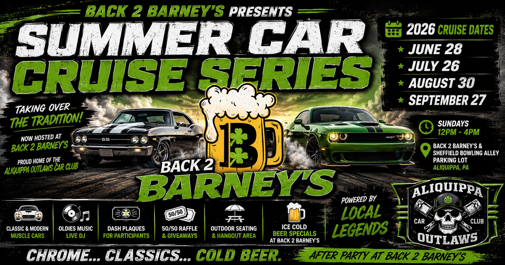 Back 2 Barney's Summer Car Cruise Series event at Back 2 Barney's & Sheffield Bowling Alley Parking Lot in Aliquippa, PA on July 26, 2026