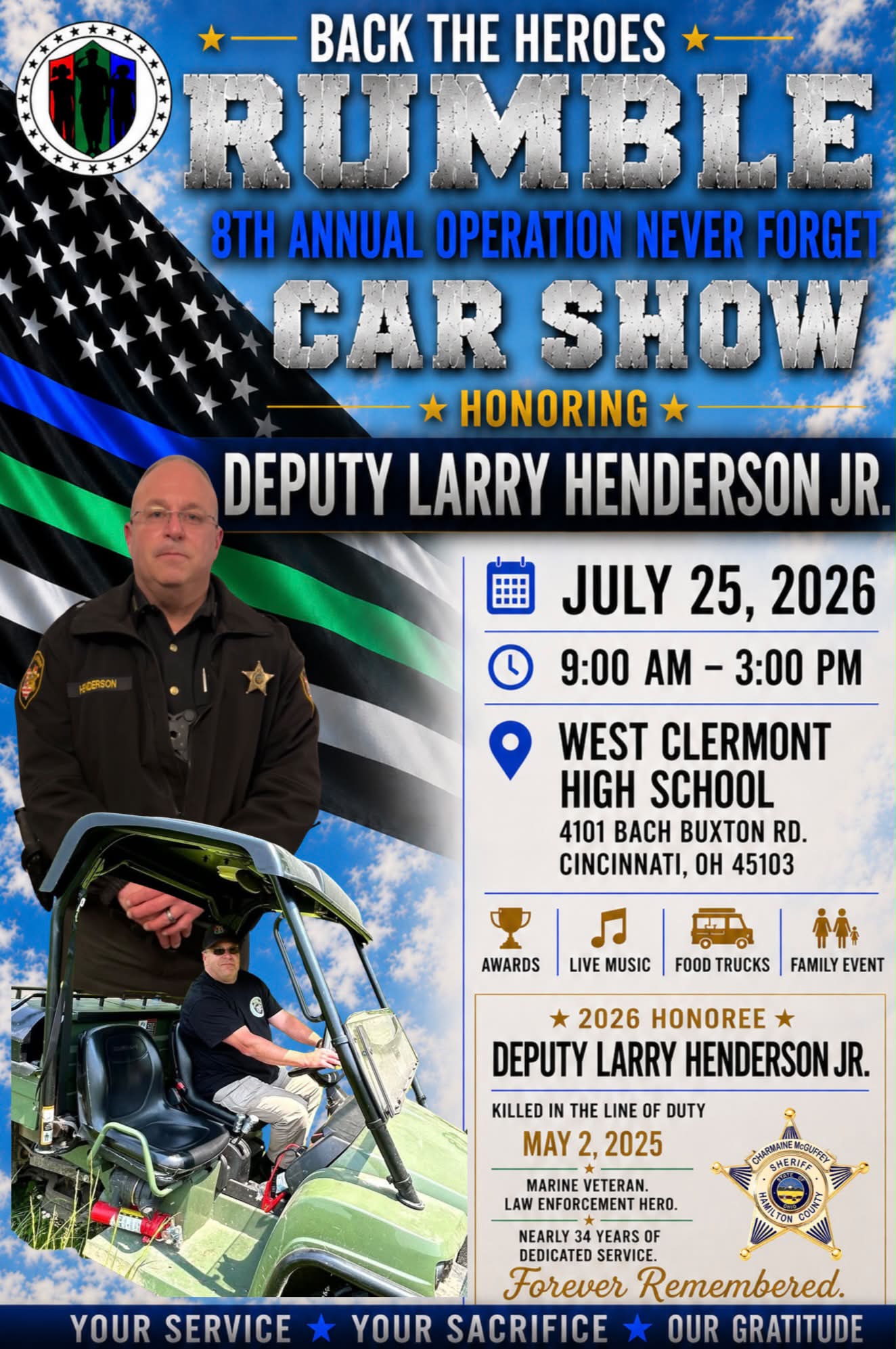 Back the Heroes Rumble 8th Annual Operation Never Forget Car Show event at West Clermont High School in Cincinnati, OH on July 25, 2026