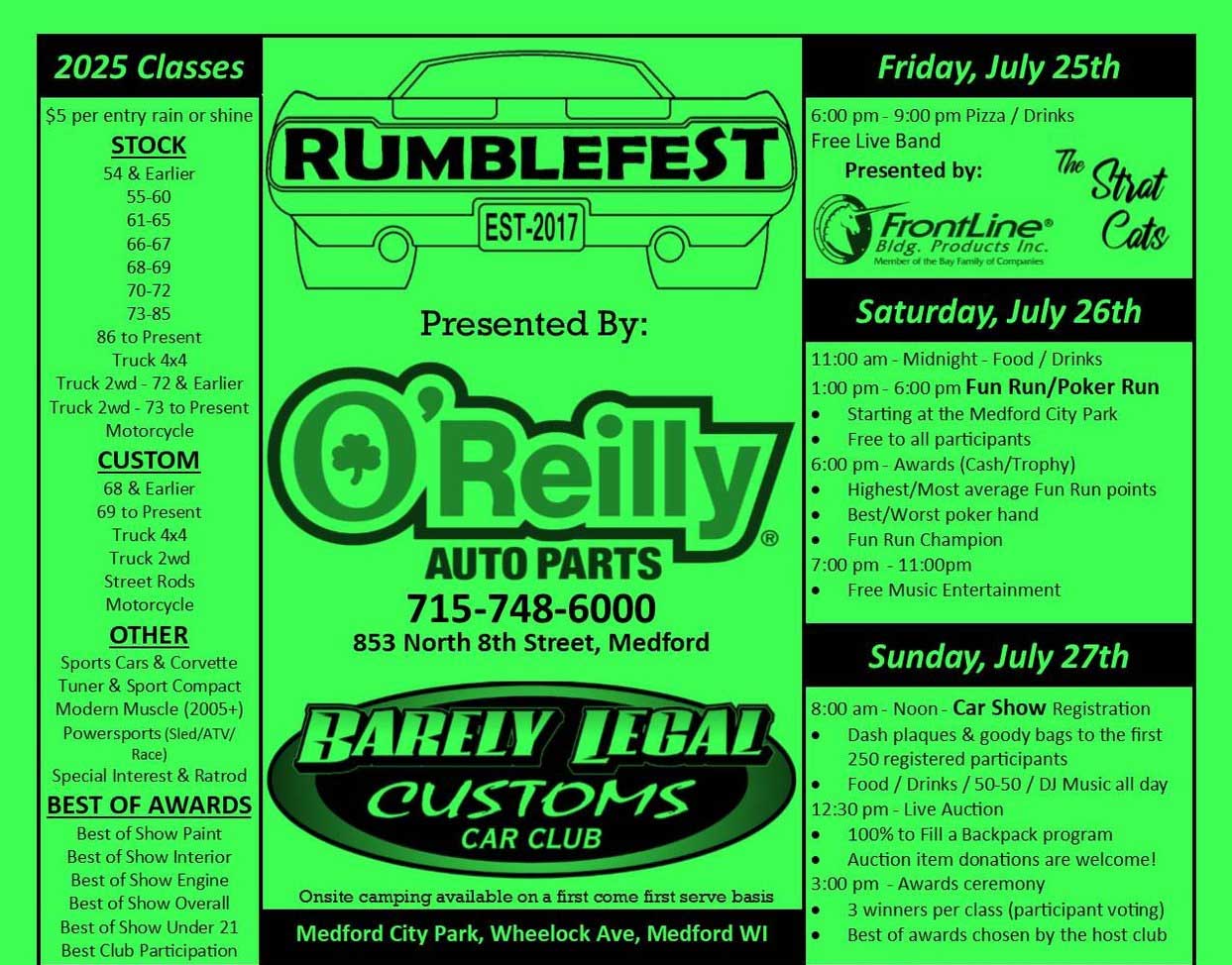 Barely Legal Customs Car Club Rumblefest event at Medford City Park in Medford, WI on July 25, 2026