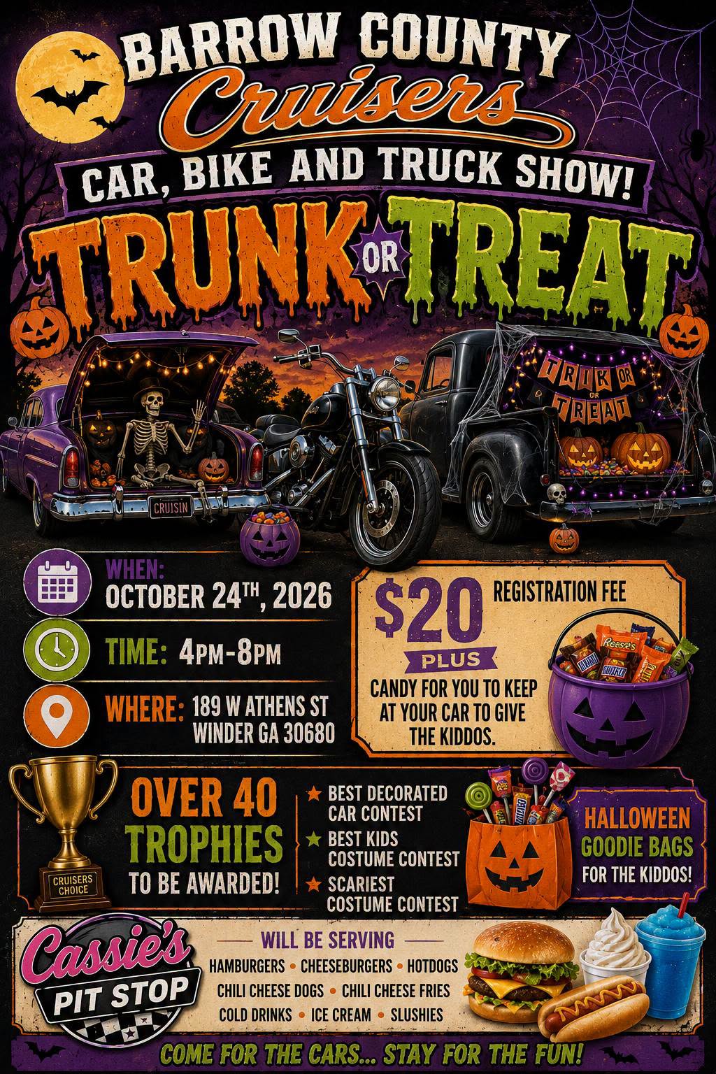 Barrow County Cruisers Trunk or Treat Car, Bike and Truck Show event at 189 W Athens St in Winder, GA on October 24, 2026