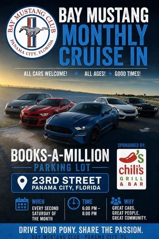 Bay Mustang Club Monthly Cruise in event at Books-A-Million in Panama City, FL on August 8, 2026