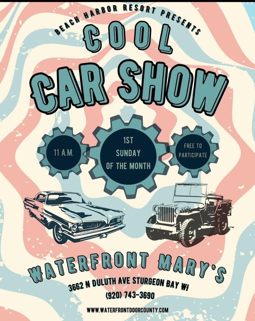 Beach Harbor Resort Cool Car Show event at Waterfront Mary's in Sturgeon Bay, WI on August 2, 2026