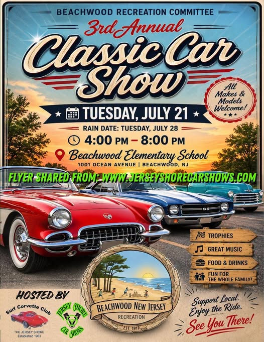 Beachwood Recreation Committee 3rd Annual Classic Car Show event at Beachwood Elementary School in Beachwood, NJ on July 21, 2026
