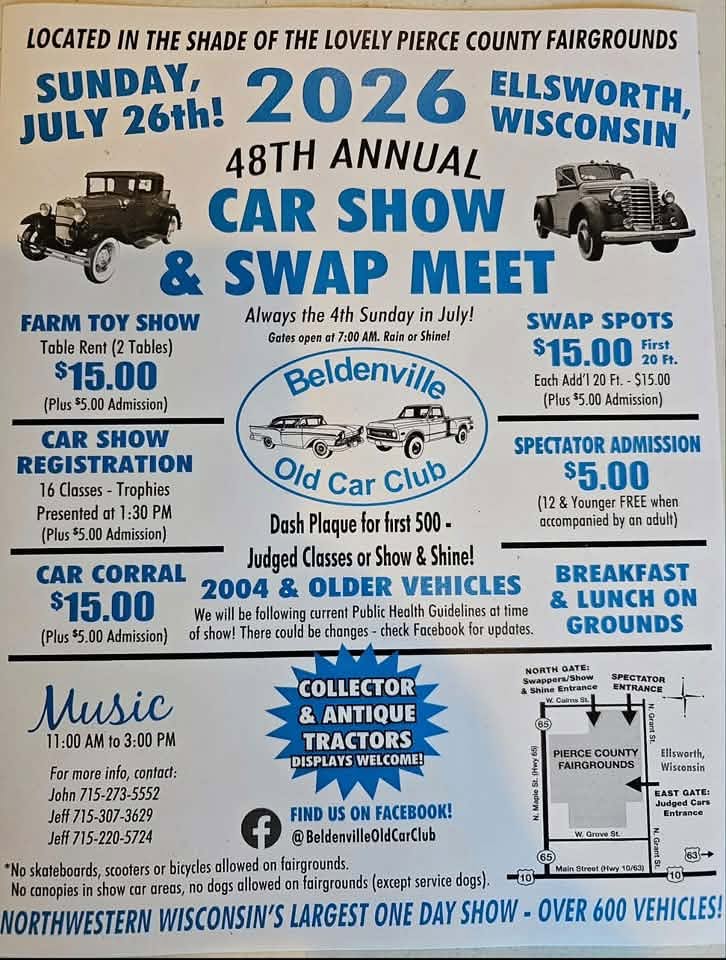 Beldenville Old Car Club 48th Annual Car Show & Swap Meet event at Pierce County Fairgrounds in Ellsworth, WI on July 26, 2026