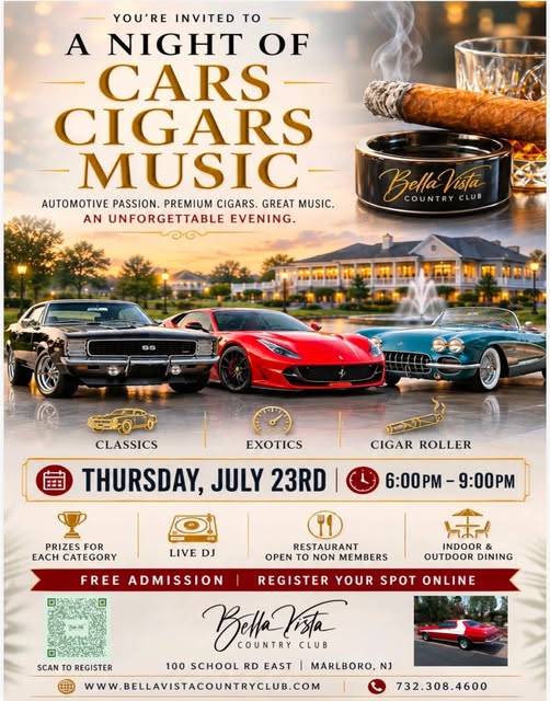 Bella Vista Country Club Cars Cigars Music Night event at Bella Vista Country Club in Marlboro, NJ on July 23, 2026