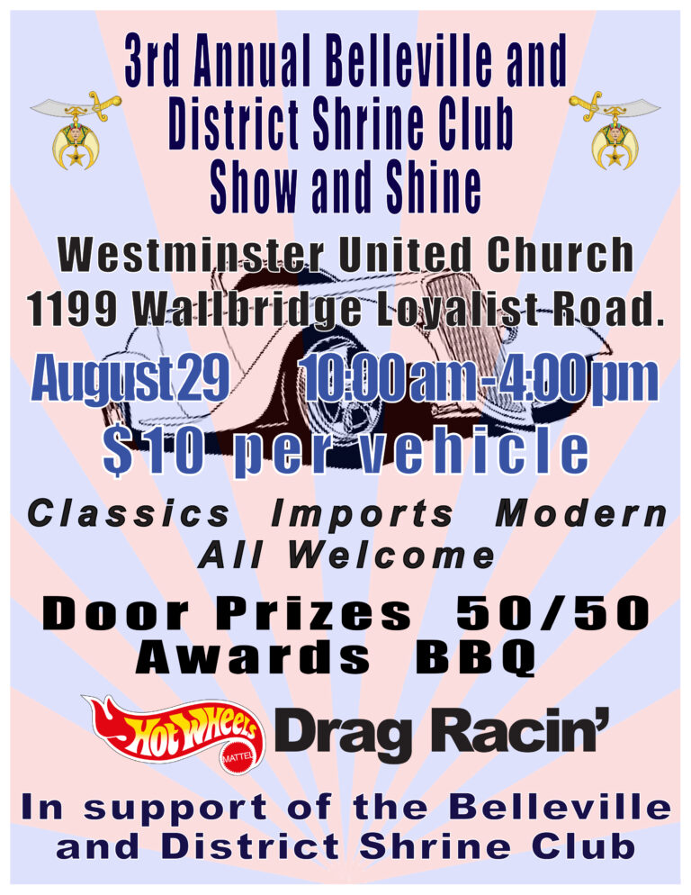 Belleville and District Shrine Club Show and Shine event at Westminster United Church in Belleville, ON on August 29, 2026