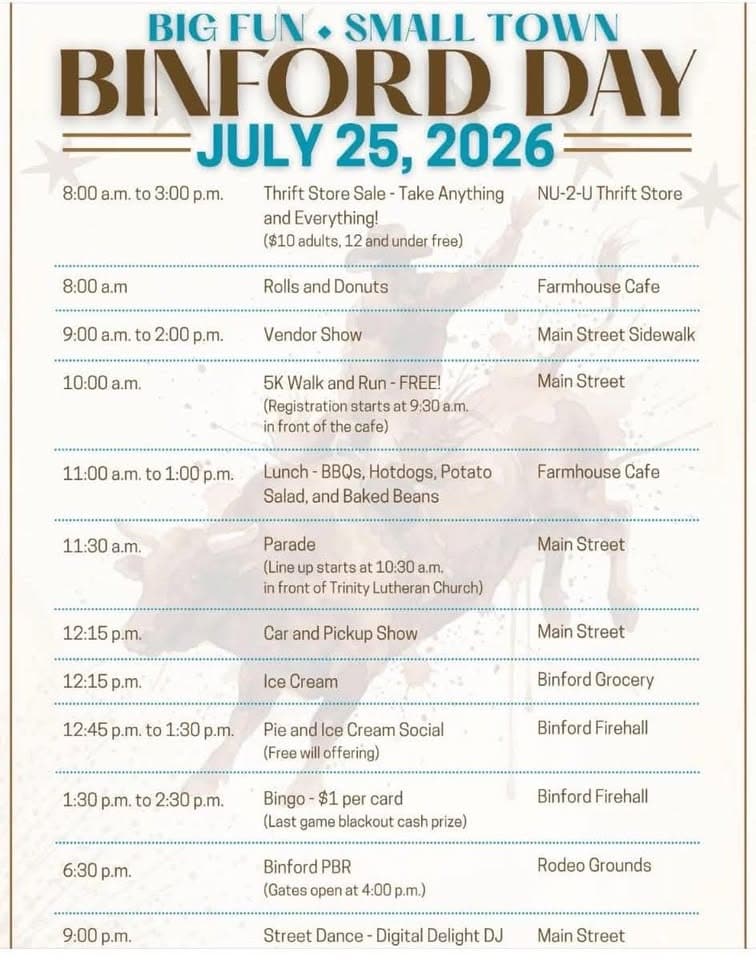 Binford Day Car and Pickup Show event at Main Street in Binford, ND on July 25, 2026
