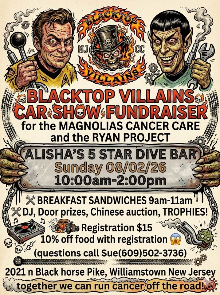 Blacktop Villains Car Show Fundraiser event at Alisha's 5 Star Dive Bar in Williamstown, NJ on August 2, 2026