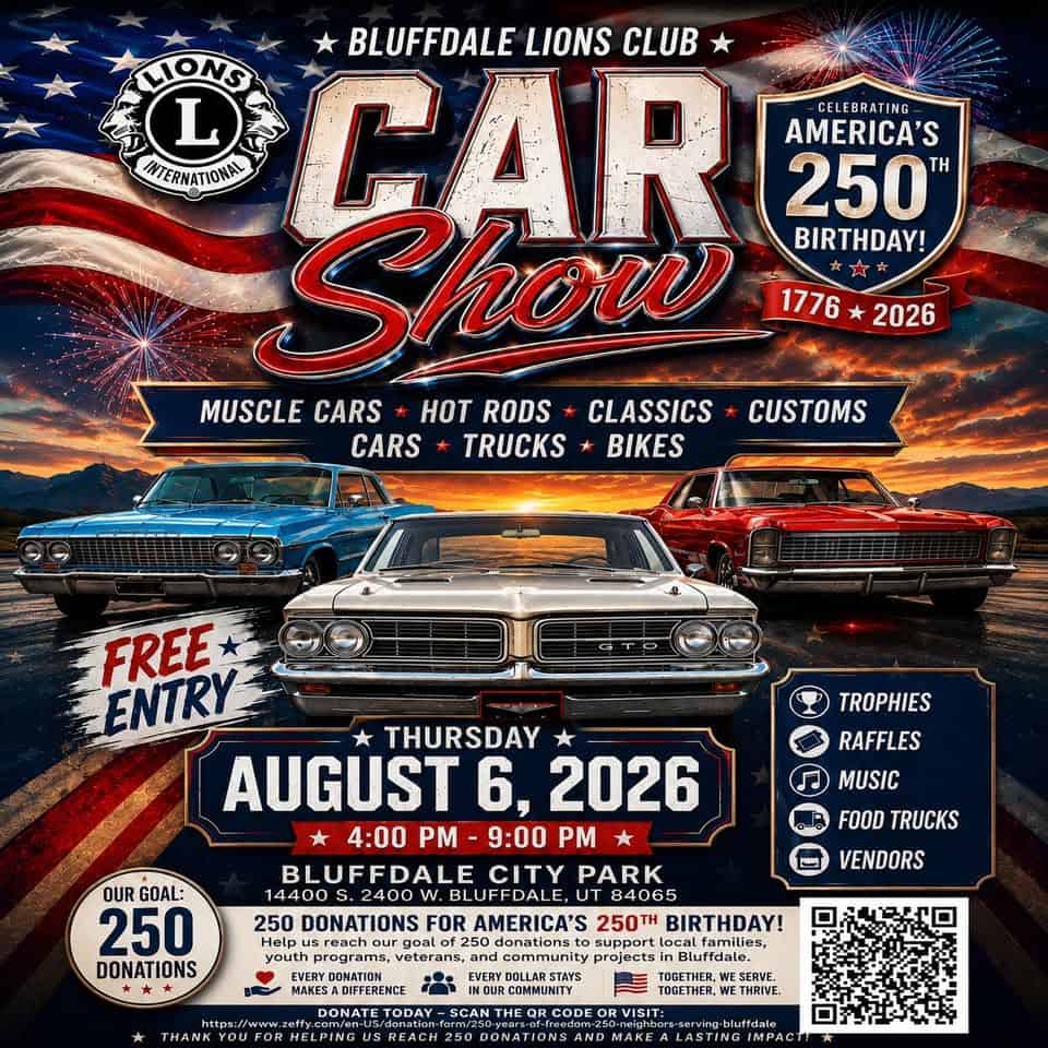 Bluffdale Lions Club Car Show & Fundraiser event at Bluffdale City Park and Rodeo Arena in Bluffdale, UT on August 6, 2026