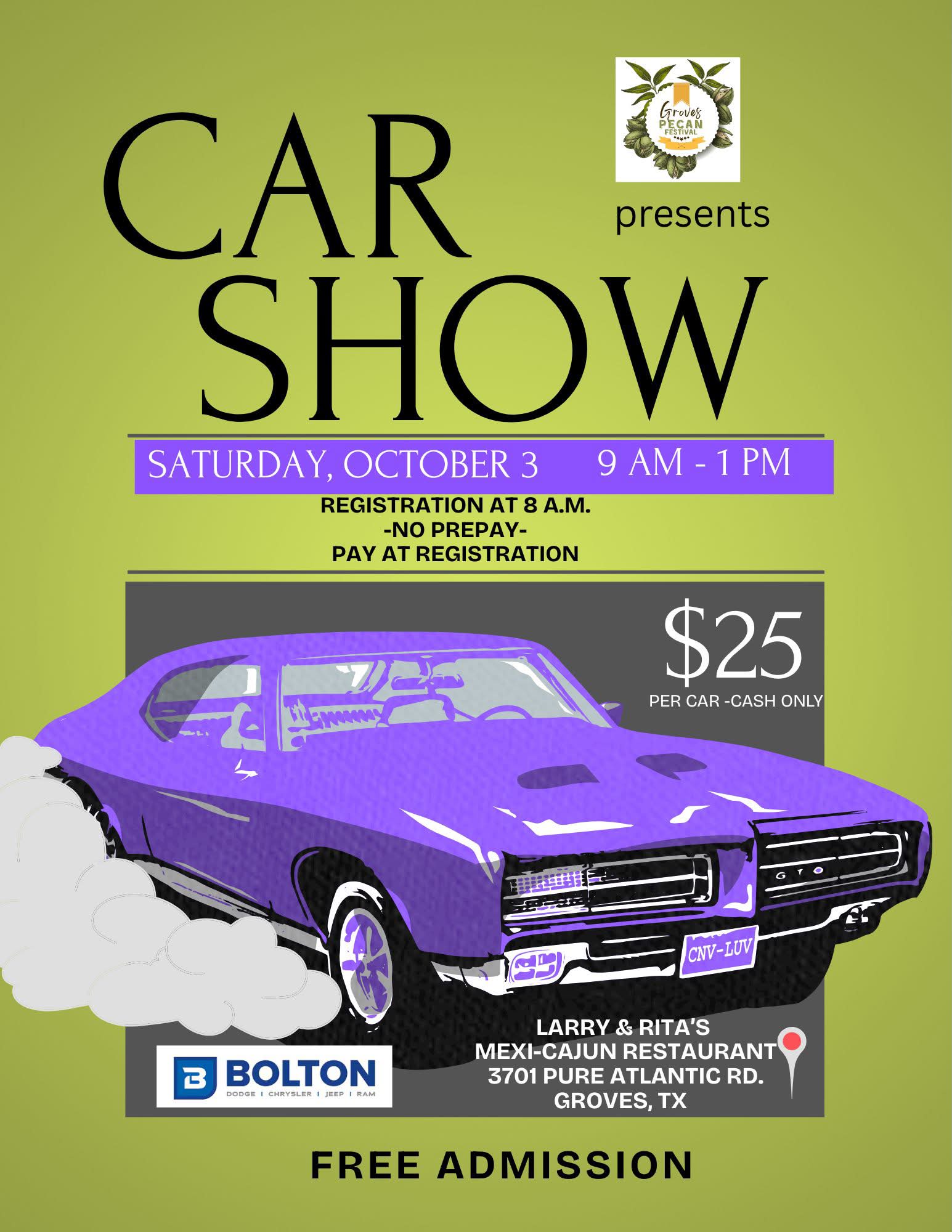 Bolton Dodge Chrysler Jeep Ram Car Show event at Larry & Rita's Mexi-Cajun Restaurant in Groves, TX on October 3, 2026