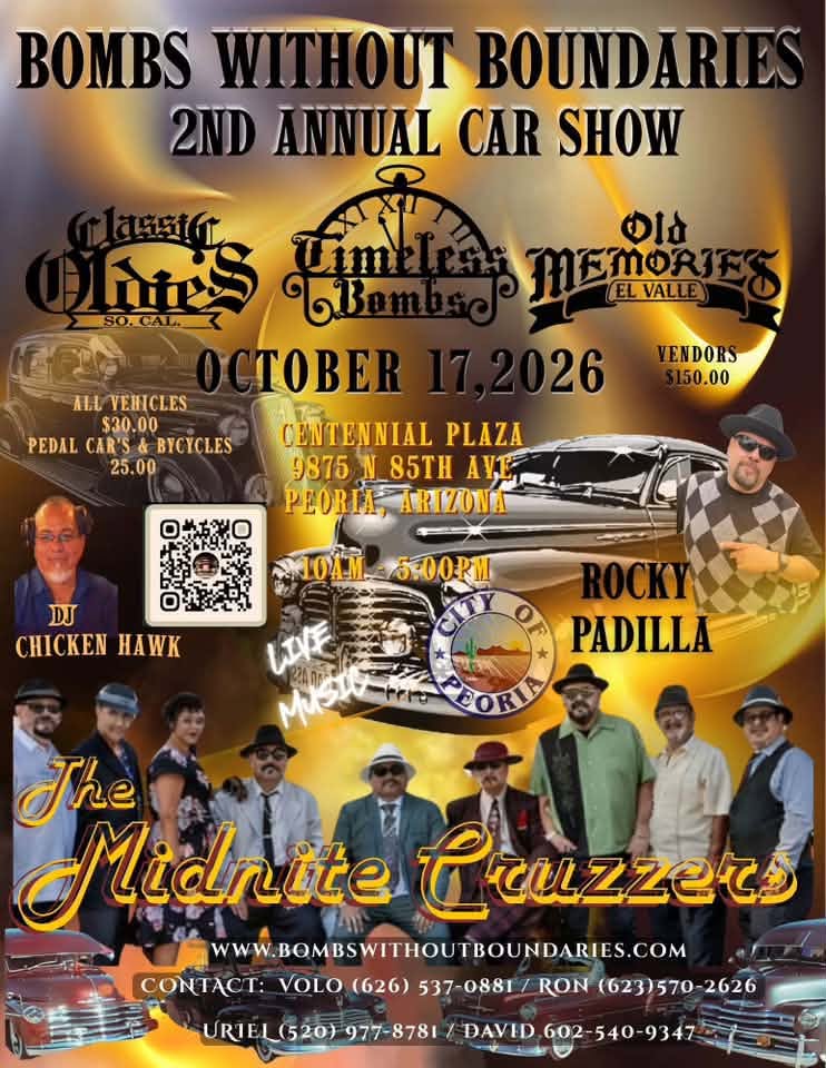 Bombs Without Boundaries 2nd Annual Car Show event at Centennial Plaza in Peoria, AZ on October 17, 2026