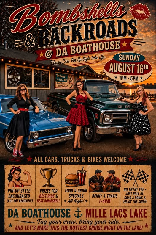 Bombshells & Backroads event at Da Boathouse in Isle, MN on August 16, 2026