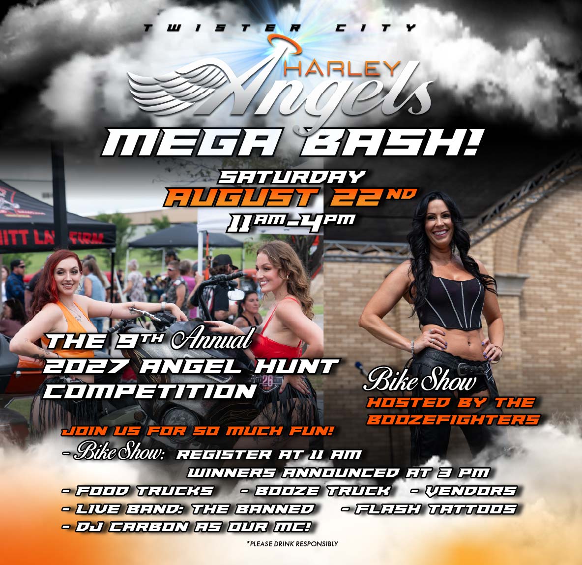 Boozefighters 4th Annual Angel Hunt Competition Bike Show Mega Bash event at La Firma Harley-Davidson in Twister City, KS on August 22, 2026