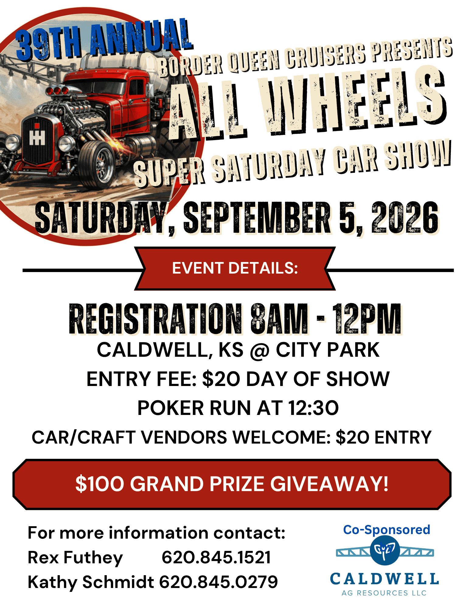 Border Queen Cruisers 39th Annual All Wheels Super Saturday Car Show event at City Park in Caldwell, KS on September 5, 2026