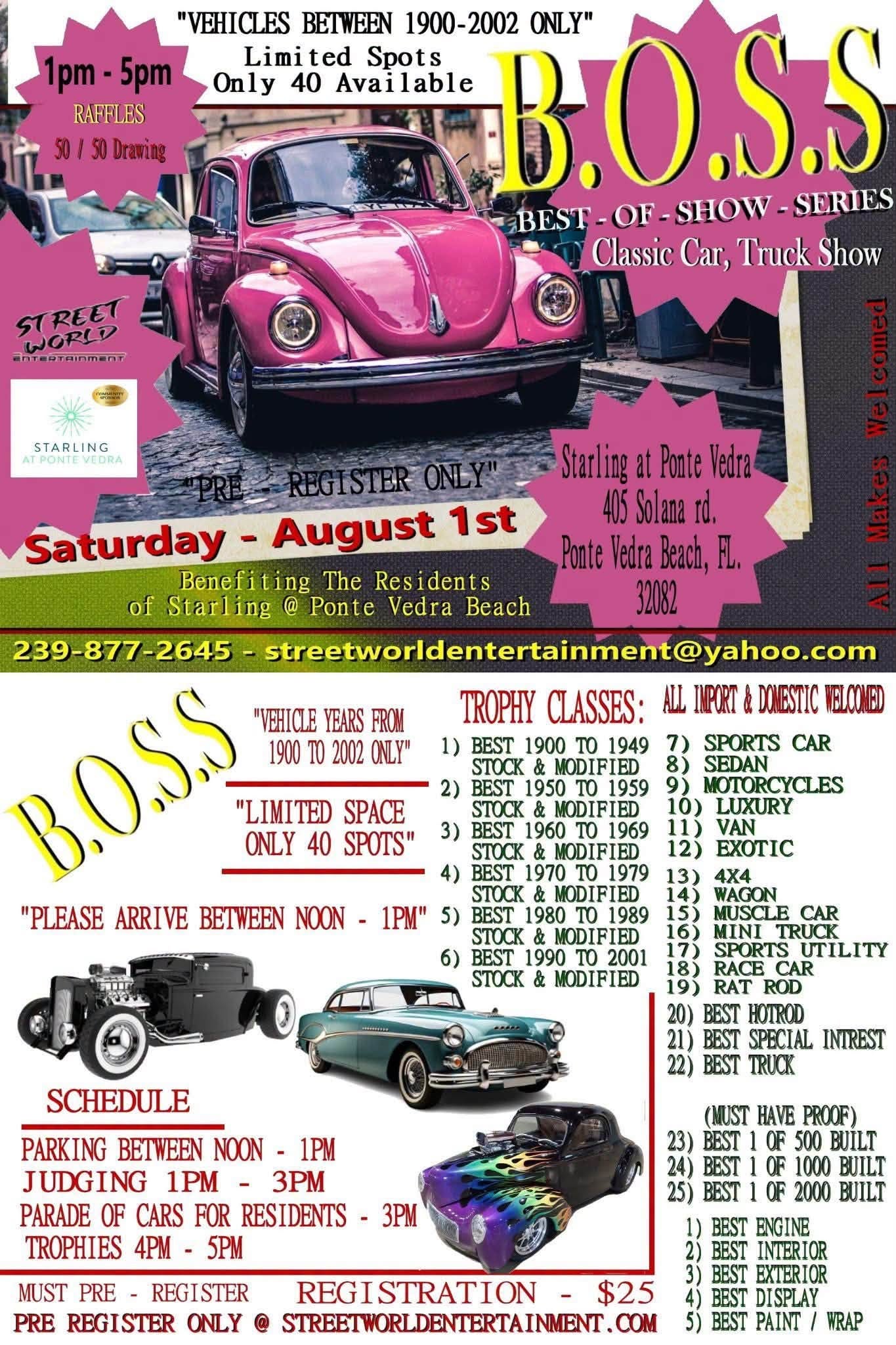 B.O.S.S. Classic Car, Truck Show event at Starling at Ponte Vedra in Ponte Vedra Beach, FL on August 1, 2026