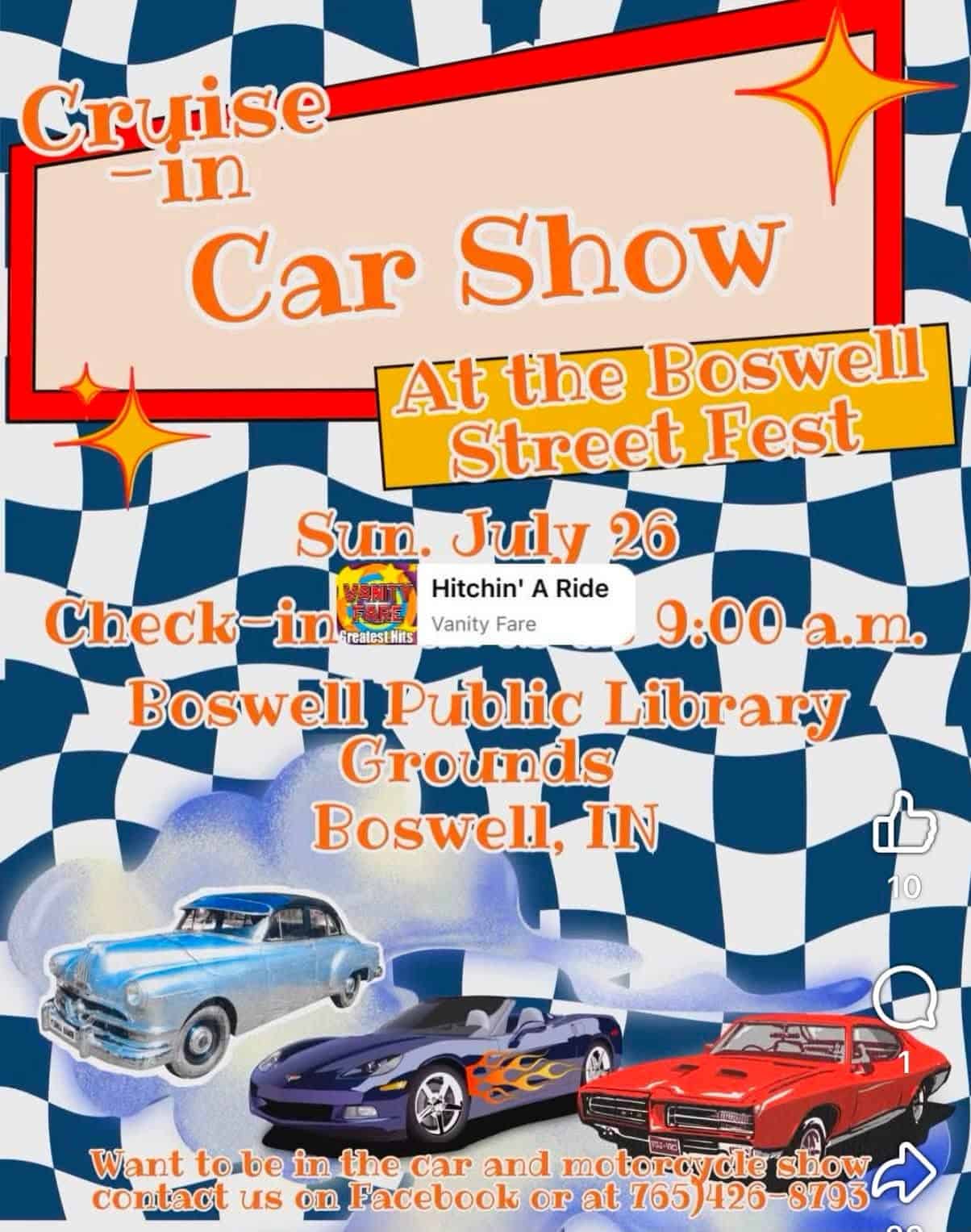 Boswell Street Fest Cruise-in Car Show event at Boswell Public Library Grounds in Boswell, IN on July 26, 2026