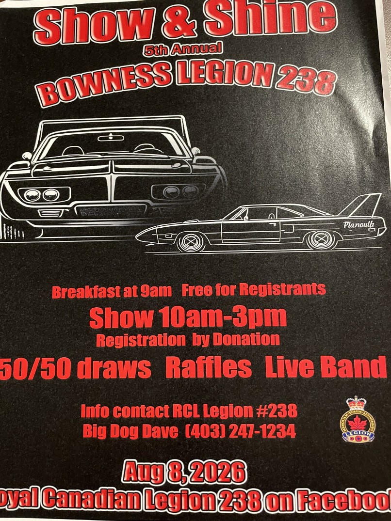 Bowness Legion 238 5th Annual Show & Shine event at Bowness Legion 238 in Calgary, AB on August 8, 2026