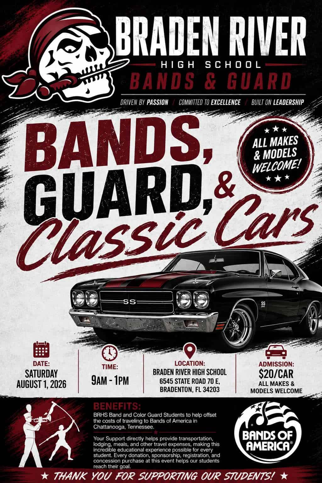 Braden River High School Bands & Guard Bands, Guard & Classic Cars event at Braden River High School in Bradenton, FL on August 1, 2026
